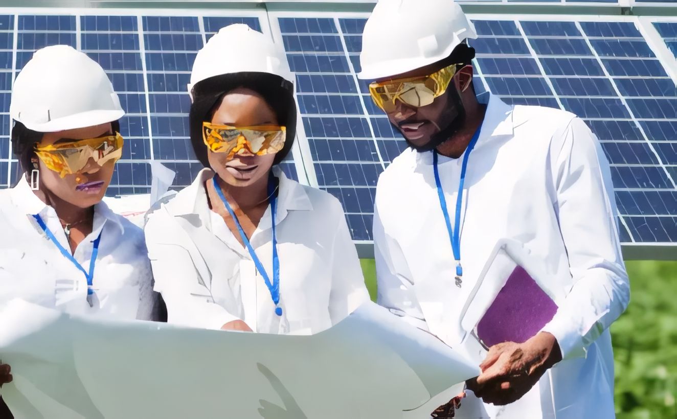 Three ELSIM engineers in white hard hats and safety glasses reviewing drawings in front of a solar photovoltaic array
