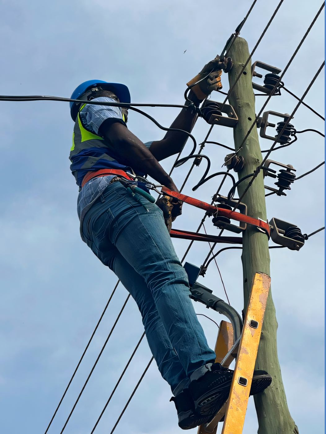 ELSIM lineman harnessed to a utility pole, working on overhead conductors and insulators