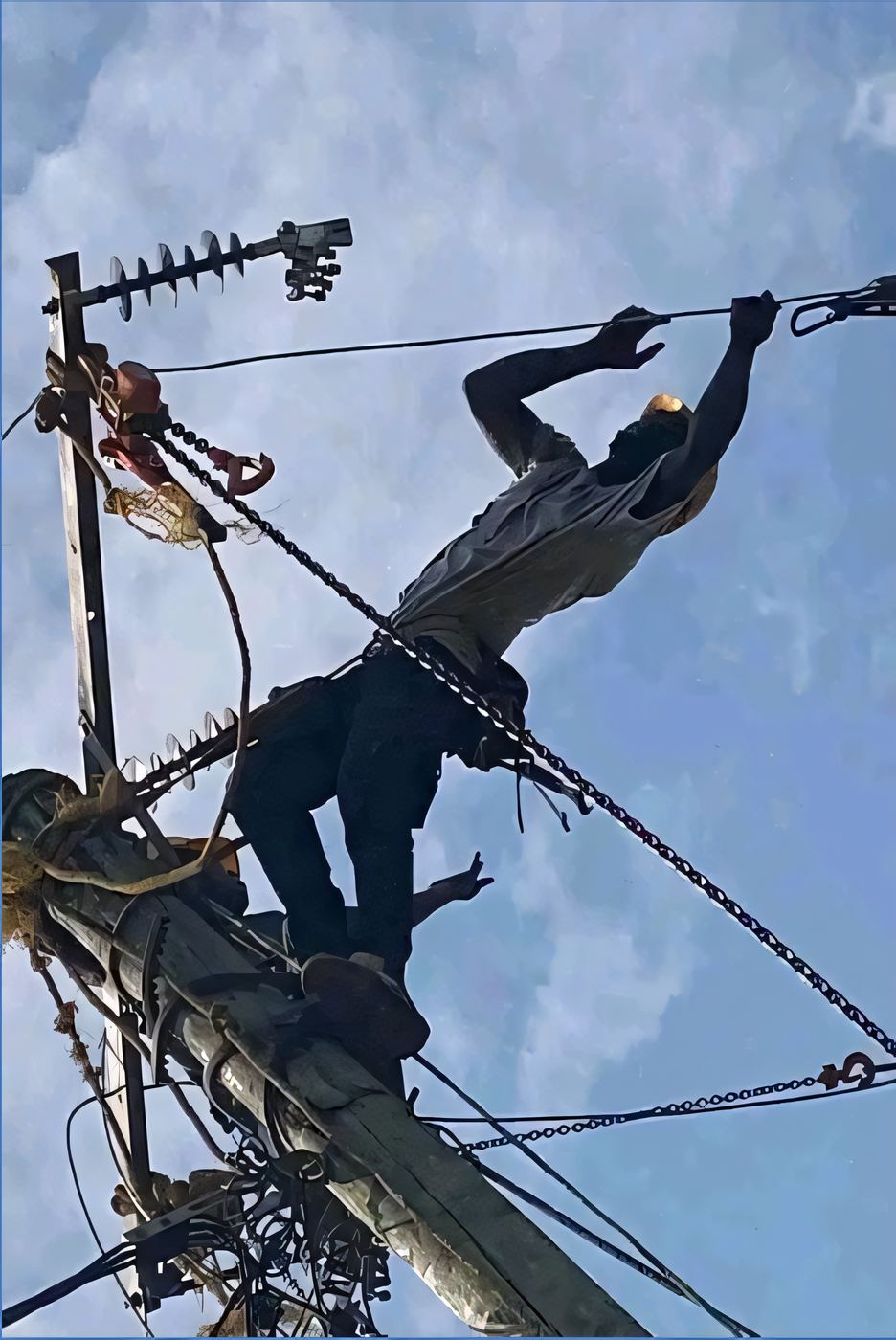 ELSIM lineman working at height on a utility pole crossarm, silhouetted against the sky